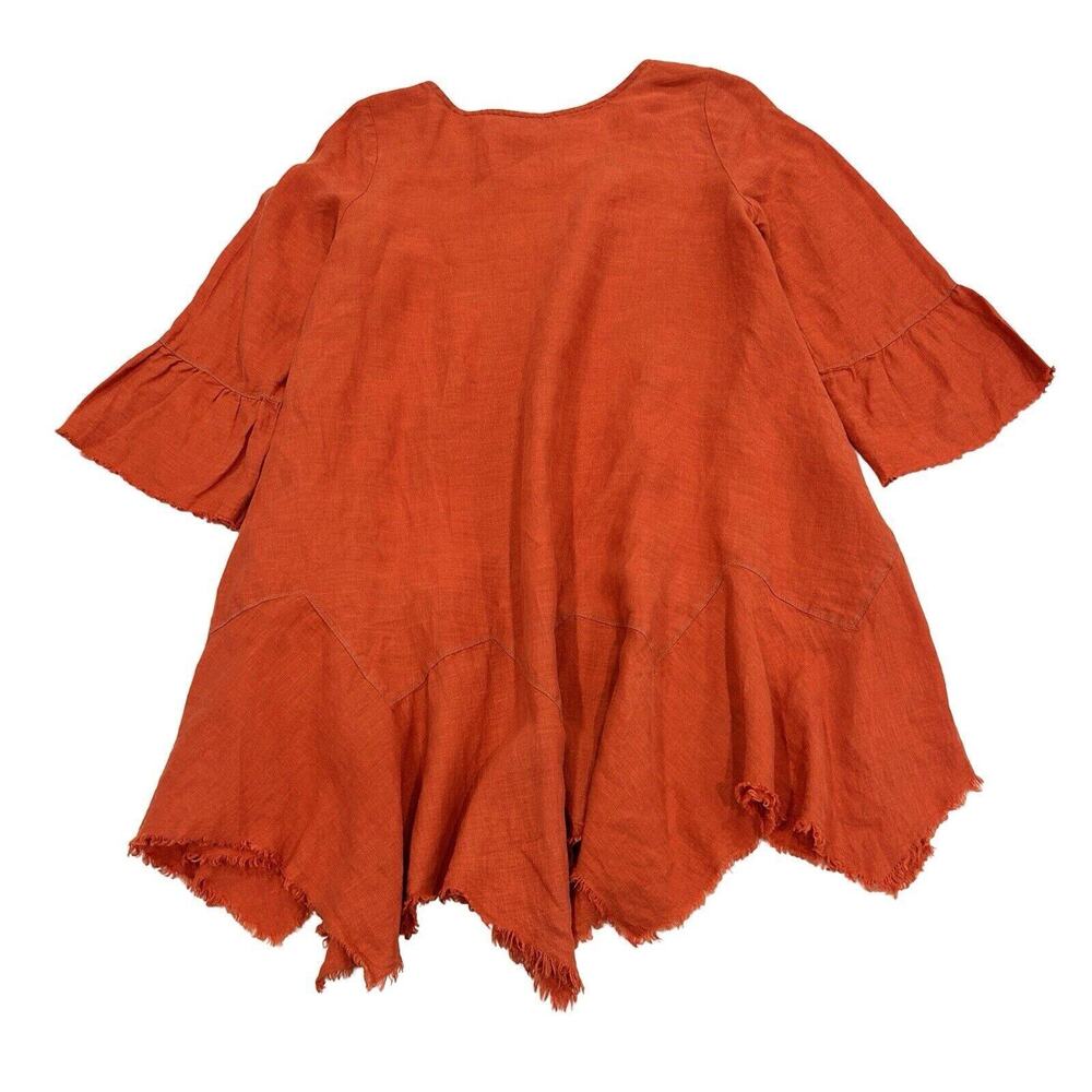 Yuvita Lagenlook Linen Dress Womens Size S Red Frayed Asymmetric 3/4 Bell Sleeve - Picture 2 of 6